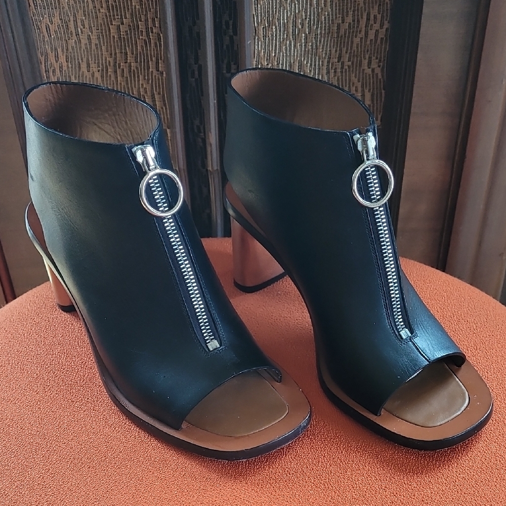 CELINE Black Leather Peep-Toe Zip Ankle Heels